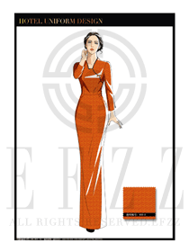 橙色修身款酒店中餐廳迎賓制服設(shè)計(jì)圖765