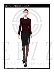 棗紅色女款裙裝酒店總臺大堂服務員制服設計圖984