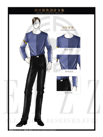 藍色男款西餐服務員服裝款式設計圖1230