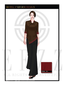 咖啡色修身款酒店中餐廳迎賓制服設計圖780