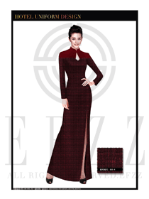 棗紅色長(zhǎng)裙款酒店中餐廳迎賓制服設(shè)計(jì)圖785