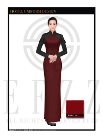 時尚棗紅色女款中餐迎賓服裝款式設計圖789
