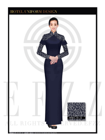 深藍色長裙款酒店中餐廳迎賓制服設計圖790