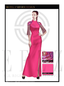 玫紅色長裙款酒店中餐廳迎賓制服設計圖794