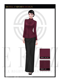 玫紅色修身款酒店中餐廳迎賓制服設(shè)計(jì)圖802