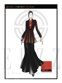 橙黃色長裙款酒店中餐迎賓制服設計圖820