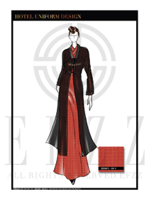 時尚橙黃色女款酒店中餐迎賓服裝款式設(shè)計圖821