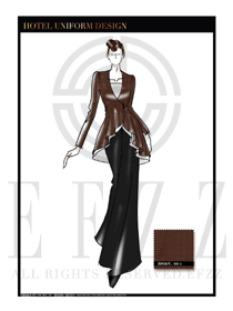 時(shí)尚咖啡色女款中餐迎賓服裝款式設(shè)計(jì)圖829