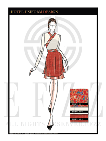 大師手繪橙黃色短裙款中餐服務(wù)員服裝款式圖1791