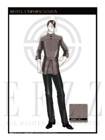 棕色長袖男款中餐服務員服裝款式效果圖1813