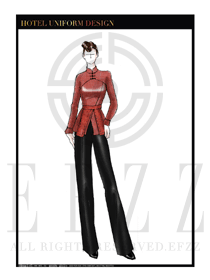 大師手繪新中式橙紅色中餐服務員服裝款式效果圖1820