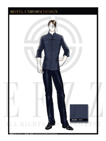 藏青色長袖男款中餐服務員制服設計圖1832