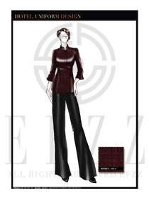 原創(chuàng)手繪稿深紫色女款中餐服務(wù)員服裝款式圖1843