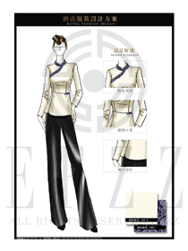 原創手繪稿米色女款土家族中餐服務員服裝款式圖1852