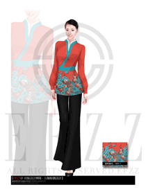 時尚玫紅色長袖女款酒店中餐服務員服裝款式圖1660