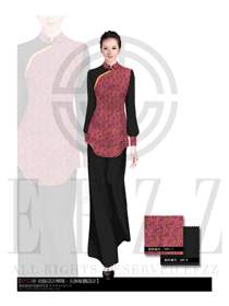 時尚酒紅色女款中餐服務員制服設計圖1880