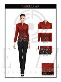 新款酒紅色女款中餐服務員制服設計圖1949