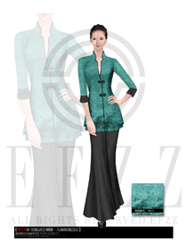 時尚墨綠色長袖女款中餐服務(wù)員制服設(shè)計圖1482