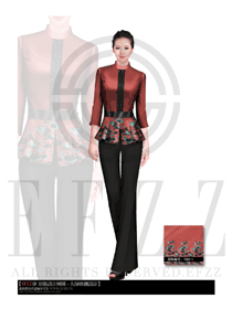 暗紅色女款中餐服務員制服設計圖1403