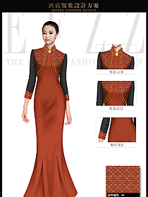 暗紅色長裙款酒店中餐迎賓服裝款式設計圖867