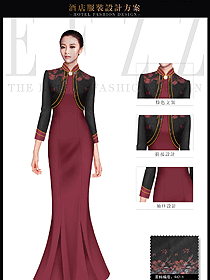 新款棗紅色女款酒店中餐迎賓制服設計圖868
