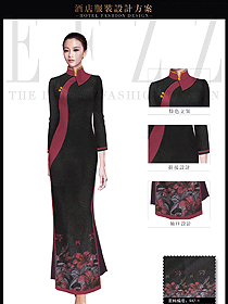 時尚棗紅色女款中餐迎賓制服設計圖870