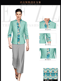 原創制服設計青綠色男款會所服務生服裝款式圖609