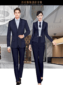 新款藍色條紋男女款酒店大堂經理制服設計圖1195