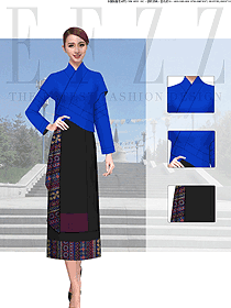 原創制服設計深藍色女款民族特色酒店服裝款式圖220