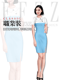 時尚淺藍色短袖連衣裙款專賣店營業員制服設計圖1590