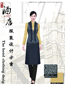 藏藍色腰果花馬甲款酒店西餐服務員服裝款式圖1299