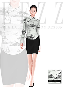 時尚水墨畫女款中餐服務員款式設計圖1034