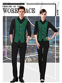 原創制服設計綠色馬甲款西餐服務員服裝款式圖1323