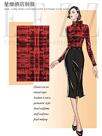 時尚紅色長袖女款前廳接待制服設計圖1200