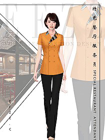 橙色短袖女款快餐廳服務(wù)員制服設(shè)計(jì)圖361