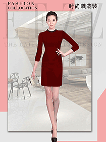時尚棗紅色連衣裙款女職業裝夏裝制服設計圖822
