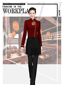 暗紅色女款快餐廳服務員制服設計圖394