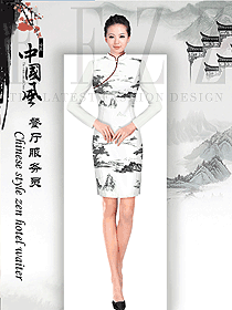 原創制服設計女款中餐服務員服裝款式圖2058