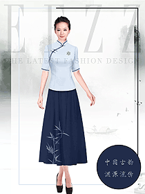 新款淺藍色女款酒店中餐迎賓制服設計圖887