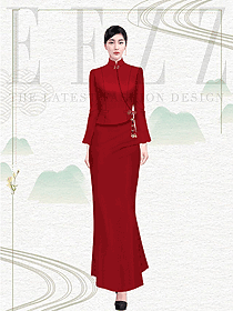 喜慶的大紅色酒店餐飲迎賓制服定制設(shè)計(jì)效果圖