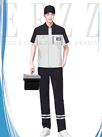 反光條拼色男款工作服夏裝定制設計效果圖