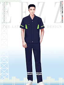 藏藍色男反光條工程服裝設計圖