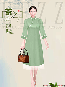 墨綠色民族風茶藝師服裝設(shè)計定制效果圖