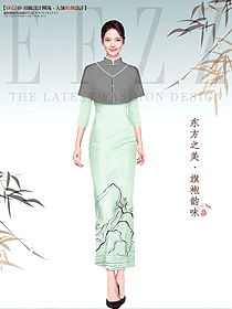 夏季新款國風復古高級感長款素雅綠色旗袍服裝