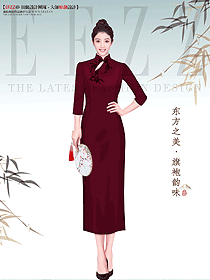溫婉優雅淑女酒紅色提花旗袍美女服飾