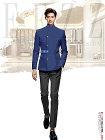 寶藍(lán)色長(zhǎng)袖男款酒店門童行李生制服設(shè)計(jì)圖
