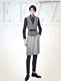 西式餐飲男服務員工作服長袖定制千鳥紋面料定制工裝