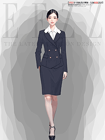 雙排扣修身西裝外套藏藍色女裝手繪設計圖