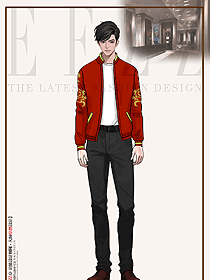 春季紅色刺繡款潮流休閑立領夾克手繪服裝設計圖