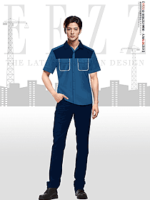 夏季寶藍色短袖工作服套裝工廠車間勞保服定制設計圖